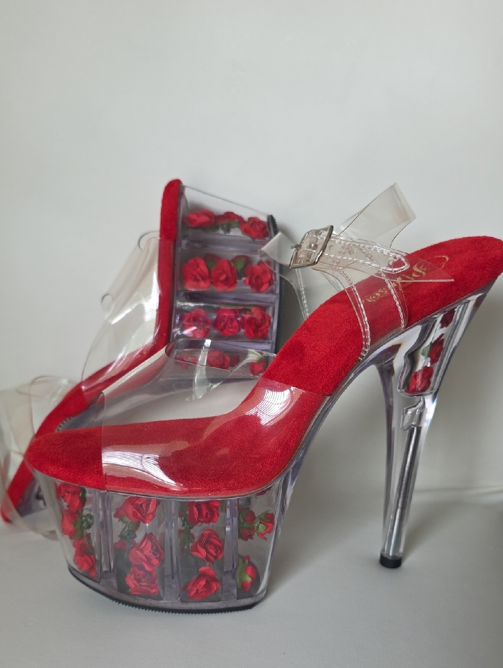 Red Clear Platform Heels with Rose Detail - Women